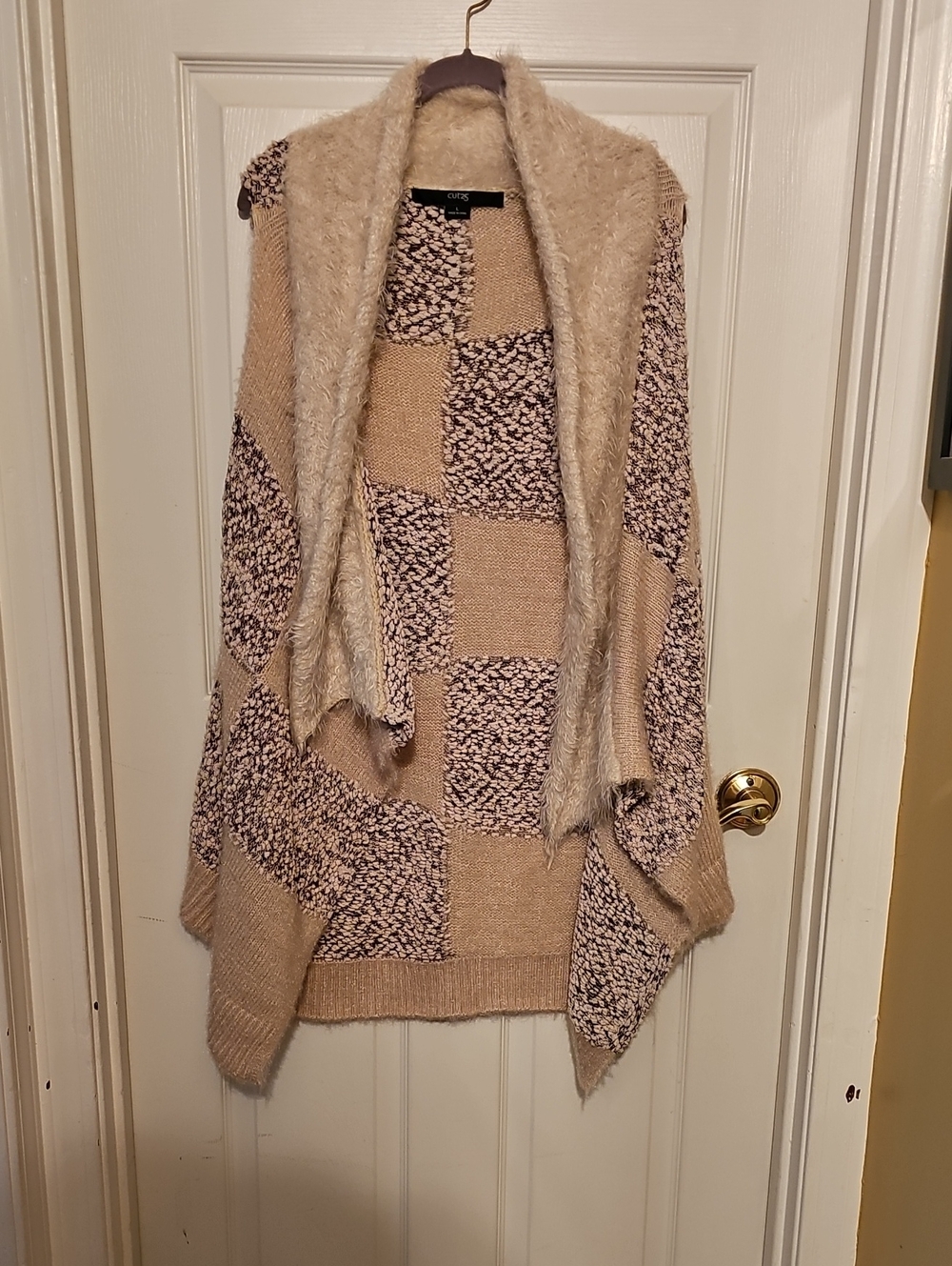 Cut25 Beige Patchwork Open Cardigan with Fuzzy Shawl Collar